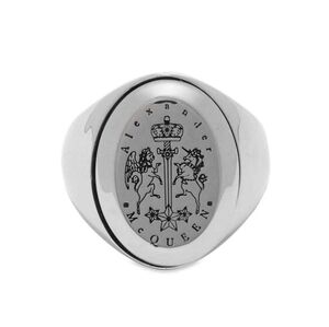 Alexander McQueen 9 10 23 Polished Silver Ring Crest Signet Seal Coat of Arms IT
